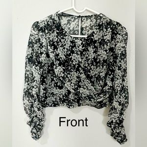 Zara sheer black floral cropped faux wrap blouse